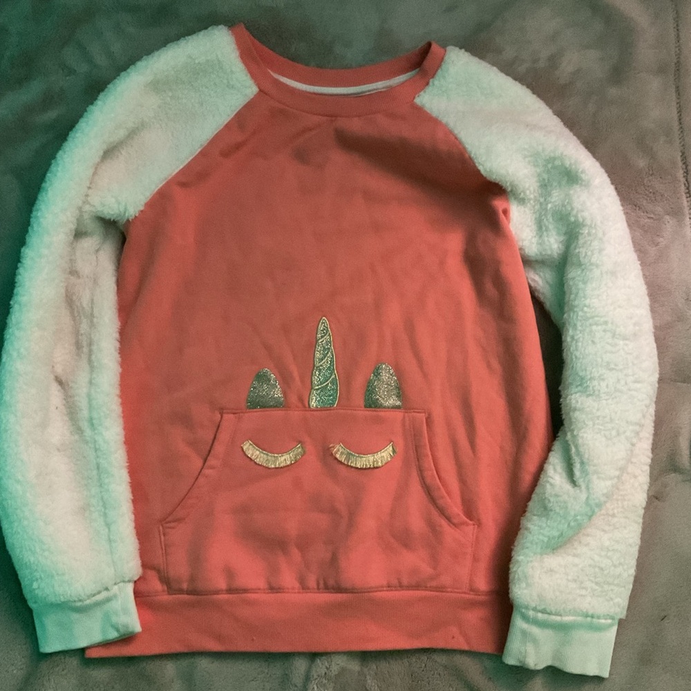 Coral Unicorn Sweatshirt with Fuzzy Sleeves